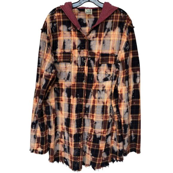 Jaded Gypsy Distressed Plaid Cotton Flannel Long Shacket / Dress w Hood size S/M - Picture 1 of 16